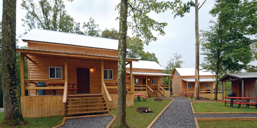cabin area with benches and patios at River Expeditions West Virginia