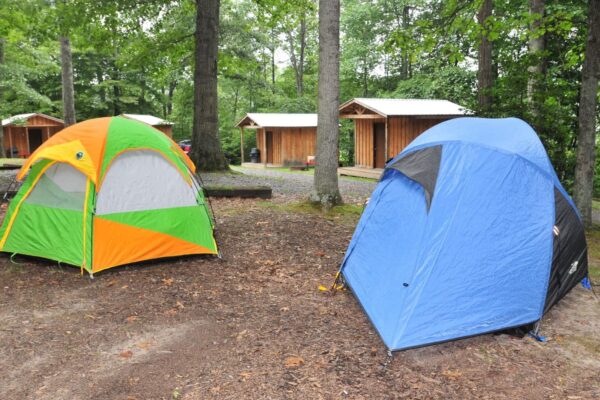 two tents pitched with cabins in the background