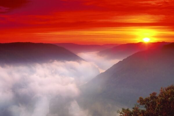 a sunset picture from high up and clouds under the peak